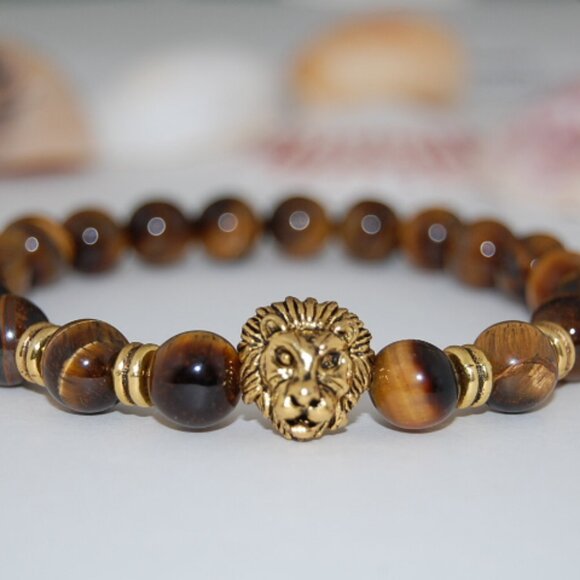 Lion Bracelet,Tiger Eye Bracelet,Lion Charm Bracelet,8mm Tiger Eye Stone Beads - Picture 1 of 2